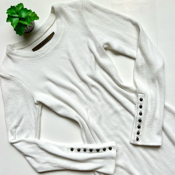 ENZA COSTA Button Cuff Mini Dress Winter White Long Sleeve Ribbed Sweater Size M - Picture 2 of 7